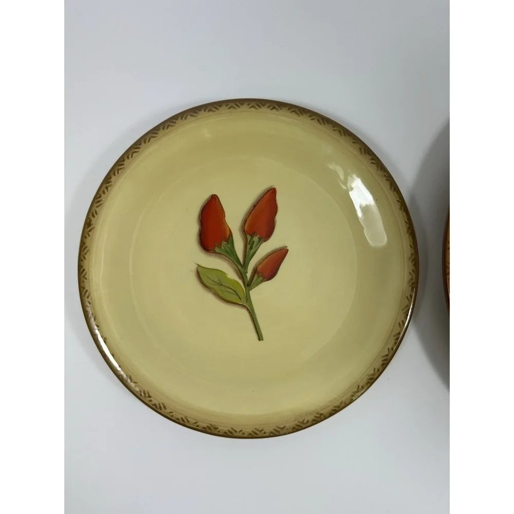 Clay Art Serrano Dinner Salad Plate Set Red Chili Peppers Hand Painted Stonelite
